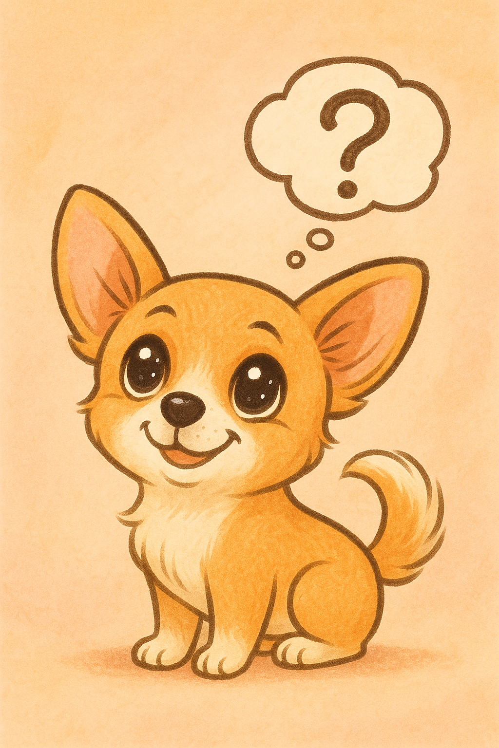 A small cheerful dog deep in thought, with sparkling eyes and a warm pastel background — capturing curiosity and joy