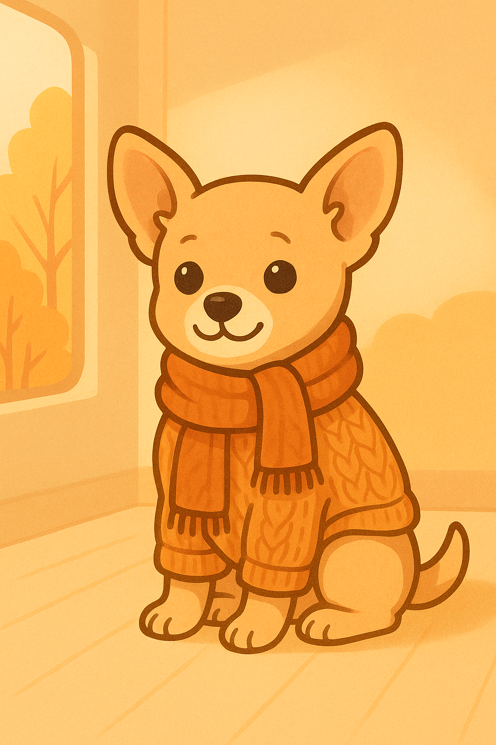 A small dog wearing a cozy sweater and scarf, ready for a warm walk in cool weather.